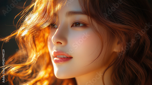 A close-up portrait of a Korean woman with radiant hair illuminated by warm sunlight in a tranquil outdoor setting during the evening