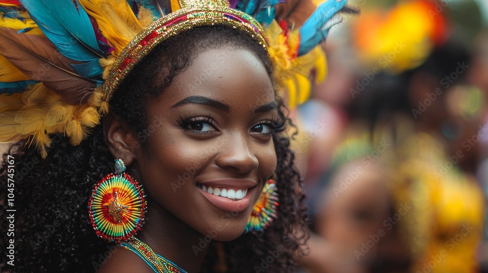 Fototapeta premium Smiling Woman with Colorful Feathers and Earrings at Carnival