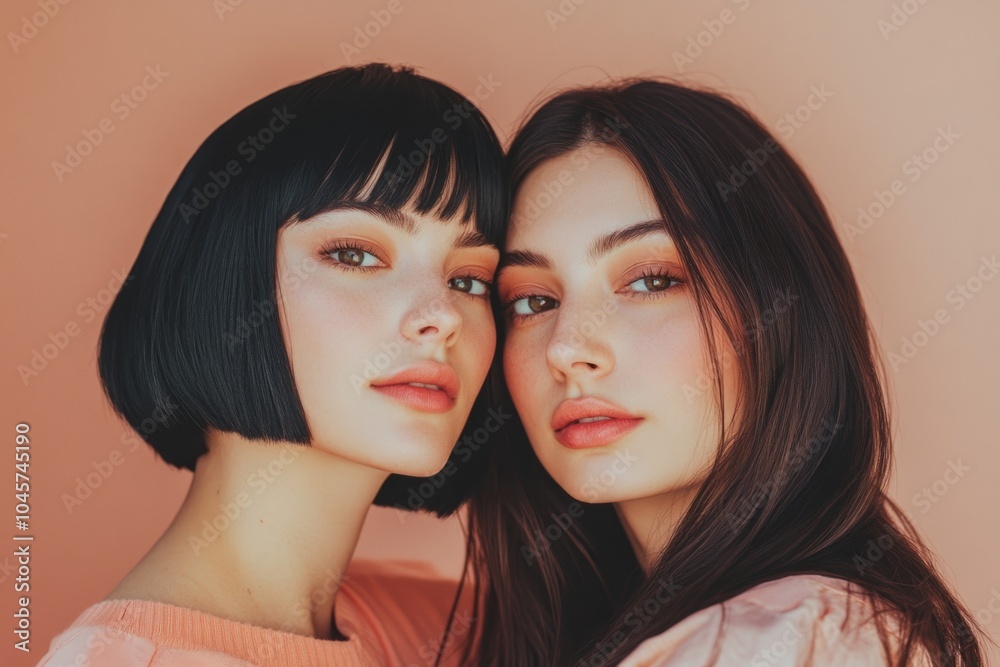 Two beautiful women with unique hairstyles pose close together. Their expressions capture friendship and connection. The warm colors create a soft and inviting atmosphere. Generative AI Two beautiful women with unique hairstyles pose close together. Their expressions capture friendship and connection. The warm colors create a soft and inviting atmosphere. Generative AI