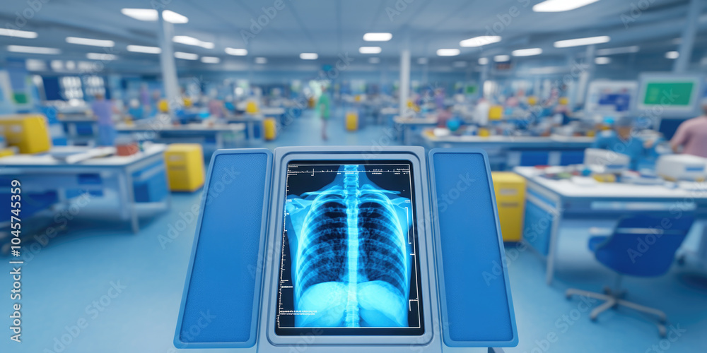 Futuristic medical laboratory with digital x-ray display in busy research facility Futuristic medical laboratory with digital x-ray display in busy research facility