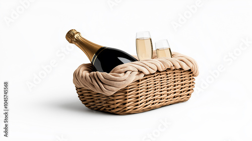 Elegant champagne picnic basket with glasses and bottle, perfect for outdoor celebrations, romantic events, and luxury lifestyle projects representing sophistication, relaxation, and celebratory photo