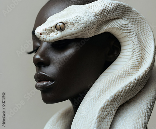 woman, snake, elegance, beauty, contrast, surreal, portrait, nature, snakehead, calm, grace, power, art, Black Woman with White Snake in Fine Art Portrait photo