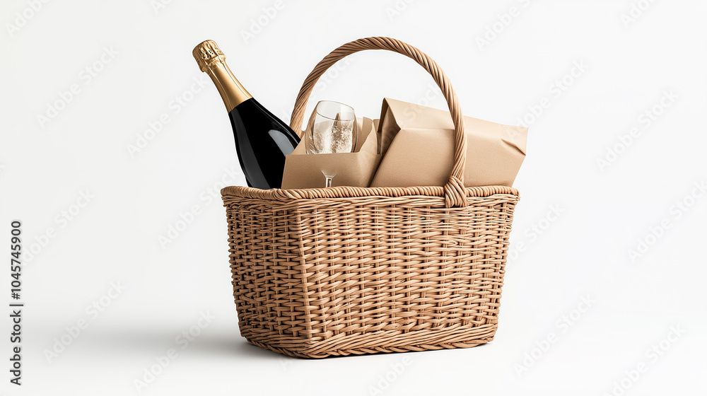 Elegant champagne picnic basket with glasses and bottle, perfect for outdoor celebrations, romantic events, and luxury lifestyle projects representing sophistication, relaxation, and celebratory Elegant champagne picnic basket with glasses and bottle, perfect for outdoor celebrations, romantic events, and luxury lifestyle projects representing sophistication, relaxation, and celebratory