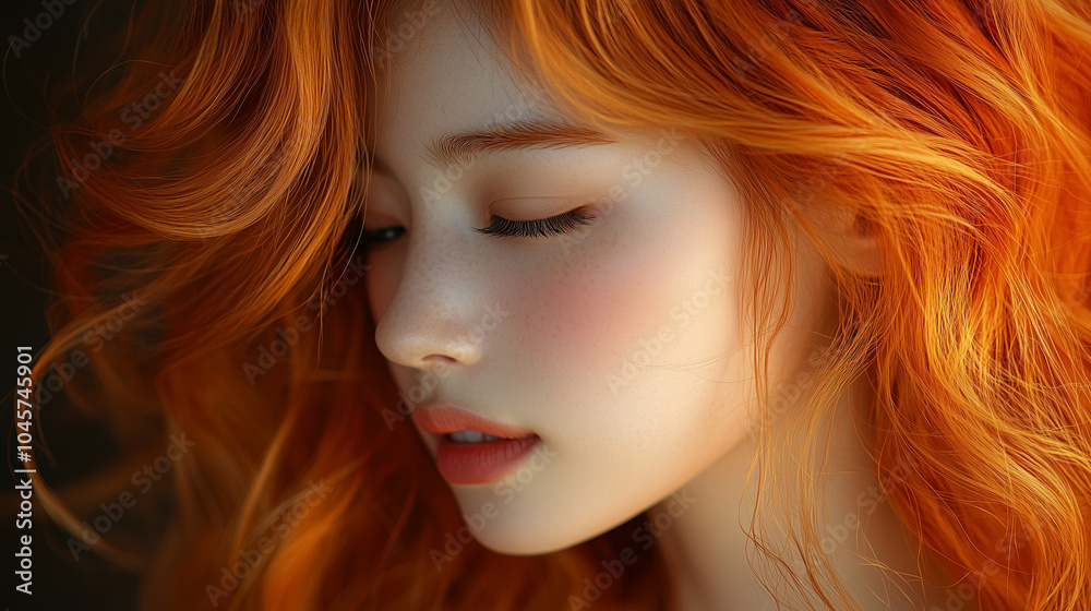 Obraz premium A young Korean woman with vibrant orange hair poses gracefully with soft lighting highlighting her elegant features