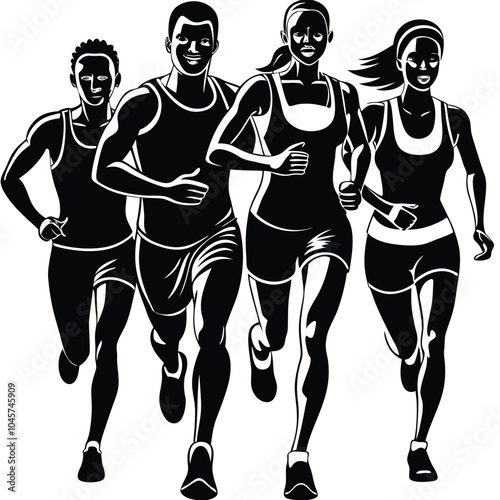 Black and white Marathon Runner Running, Marathon run. Group of running people, men and women. Isolated vector design. People running exercise healthy lifestyle icon concept 