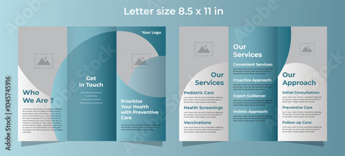 Trifold brochure template for medical care in soft blue gradient colors