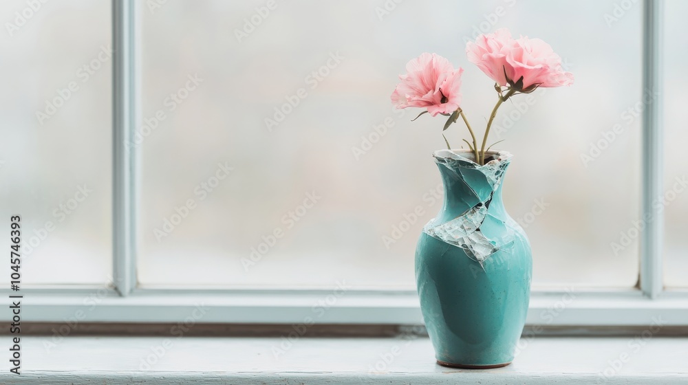 Wilted Flowers in a Broken Vase on a Windowsill Wilted Flowers in a Broken Vase on a Windowsill