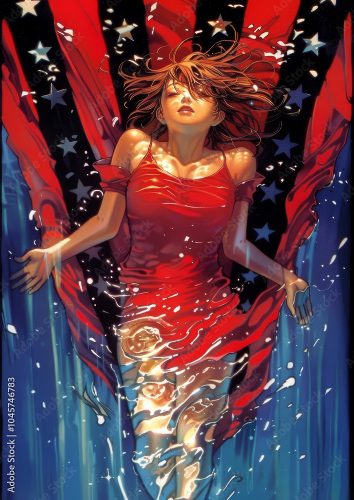 Fototapeta premium Young woman in a red dress floating with USA flag behind her. Radiant and powerful patriotic scene with glowing stars.