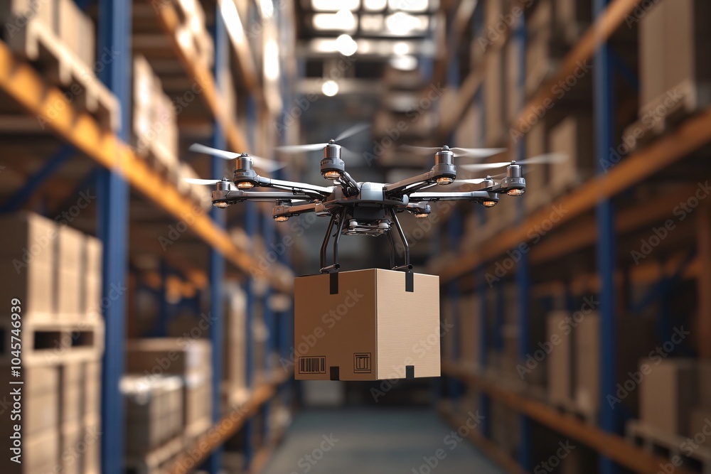 A drone delivers packages in a large warehouse filled with boxes during daylight hours A drone delivers packages in a large warehouse filled with boxes during daylight hours