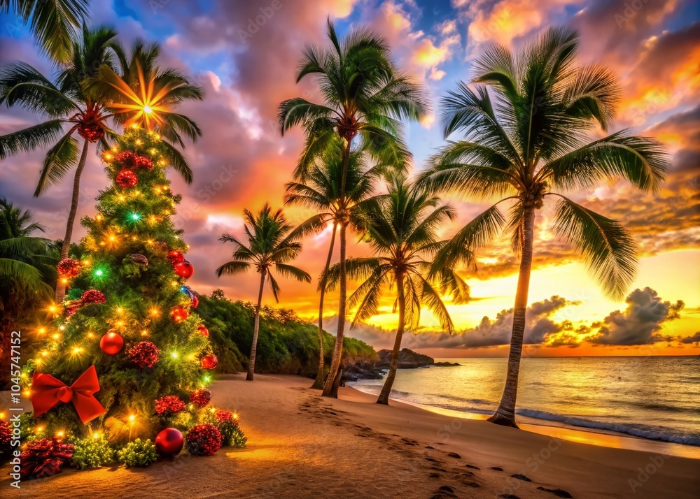 Fototapeta premium Hawaii Christmas Celebration with Tropical Decor and Scenic Beach Backdrop