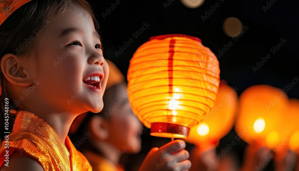 A joyful celebration a young girl holding a lantern at a vibrant festival illuminating the night with smiles and tradition A joyful celebration a young girl holding a lantern at a vibrant festival illuminating the night with smiles and tradition