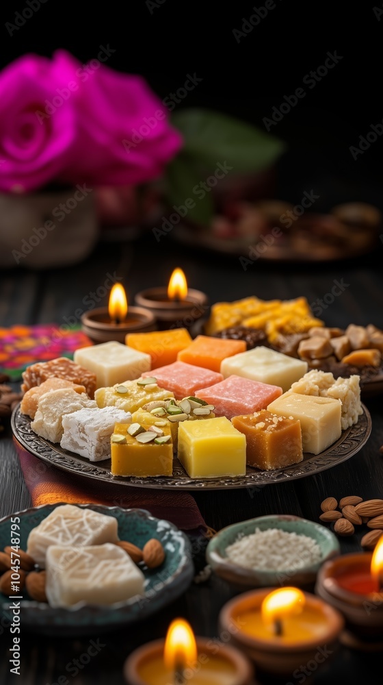 Fototapeta premium Traditional Diwali Mithai Platter with Assorted Indian Sweets Candles and Festive Decor Representing Hindu Festival of Lights Celebration