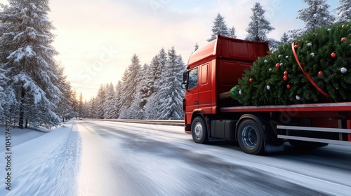 A truck with a large Christmas tree loaded in the back drives along a snowy forest path, with snow gently falling around the scenic surroundings