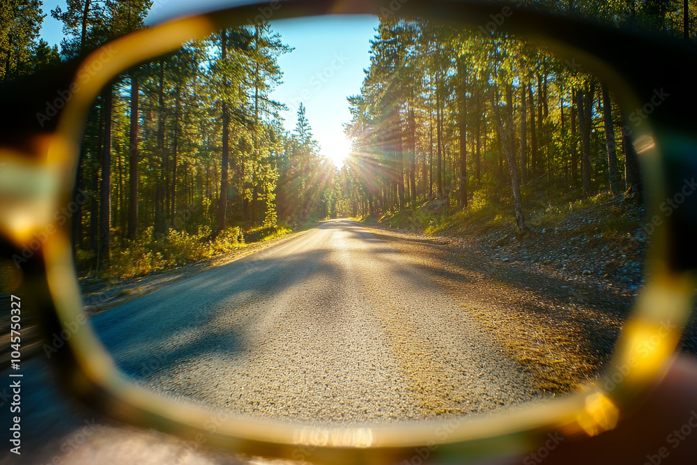 Forest road at sunrise seen through glasses Forest road at sunrise seen through glasses