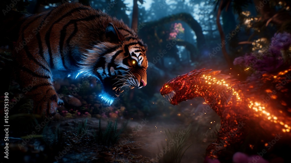 A fierce tiger with glowing blue eyes confronts a fiery dragon in a magical forest. A fierce tiger with glowing blue eyes confronts a fiery dragon in a magical forest.