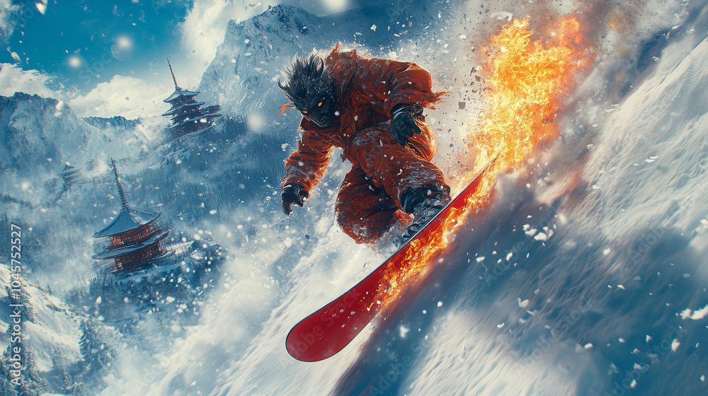 Snowboarder with blazing board speeding down snowy mountain with pagoda view
Snowboarder with blazing board speeding down snowy mountain with pagoda view