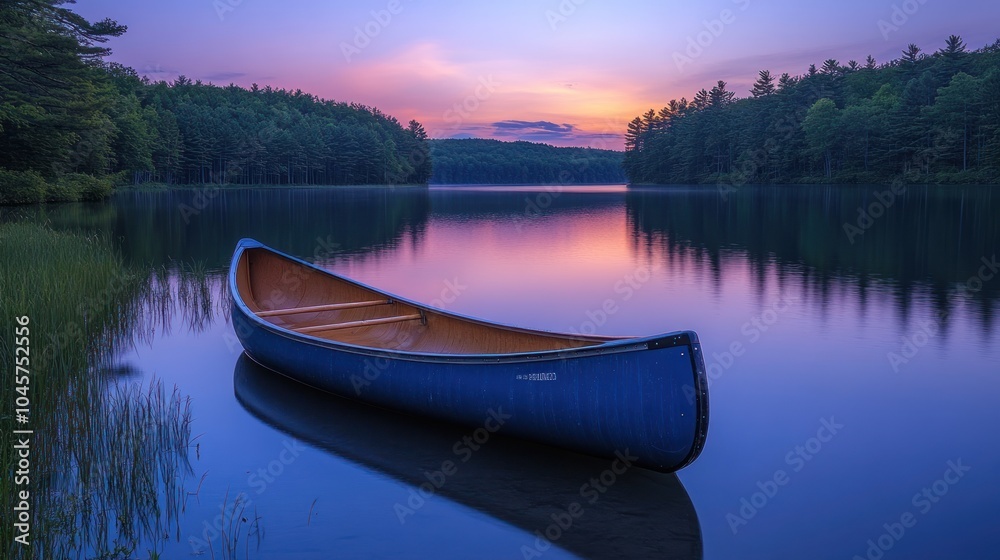 A serene canoe rests on a tranquil lake at sunset, reflecting vibrant colors in the water. A serene canoe rests on a tranquil lake at sunset, reflecting vibrant colors in the water.