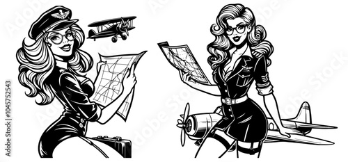 beauty pin-up girl illustration, adorable beautiful pinup woman model, comic book character, black shape silhouette vector decoration set travel plane pilot flight trip