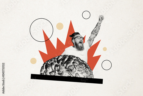 Foto Composite photo collage of excited man hand up superhero big brain organ cortex