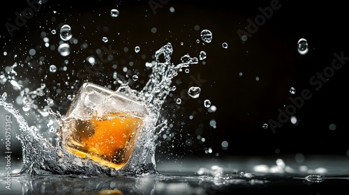 Splashing ice cube with bubbles and scattered reflections on a clean black background Minimalist and abstract composition showcasing the dynamic nature of water and the beauty of frozen forms