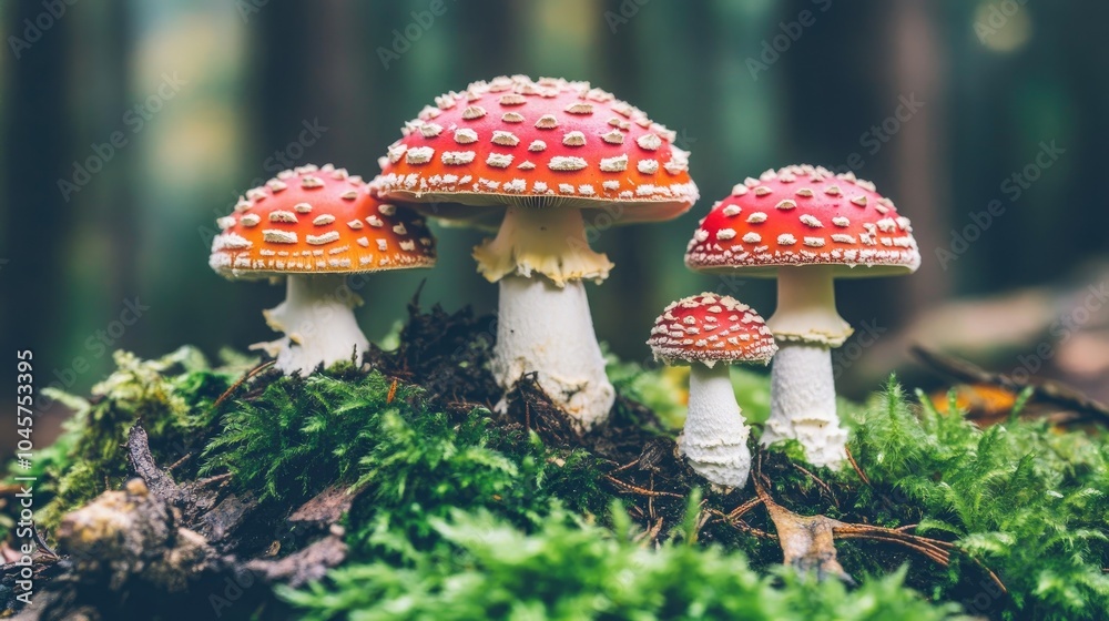 A close-up of white and orange cap mushrooms growing in the woods, showing natural forest floor details. A close-up of white and orange cap mushrooms growing in the woods, showing natural forest floor details.