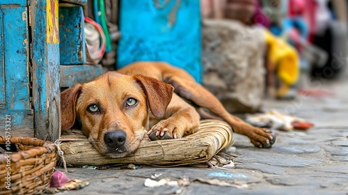 Stray dog with pleading eyes gazing hungrily through the closed shutters of a food stall photo