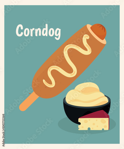 Flat Design Illustration with Corndog and Cheese Sauce 