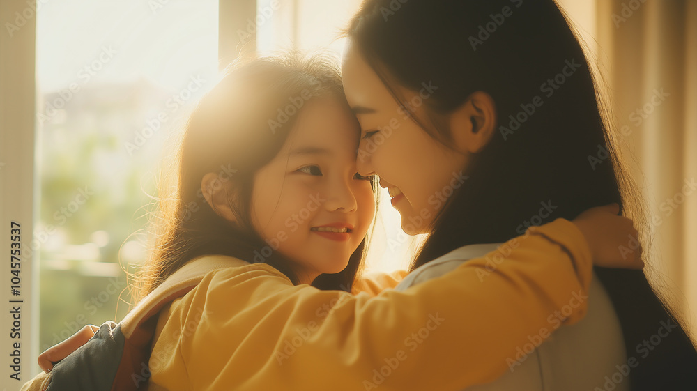 An Asian mother hugging her daughter as she prepares for her first day of school An Asian mother hugging her daughter as she prepares for her first day of school