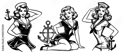 beauty pin-up girl illustration, adorable beautiful pinup woman model, comic book character, black shape silhouette vector decoration anchor sailor marine anchor steering wheel