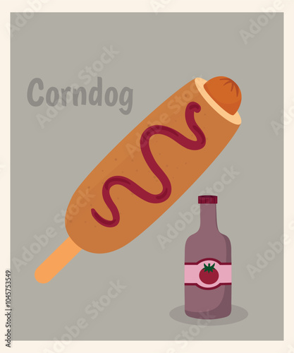 Flat Design Illustration with Corndog and Ketchup 