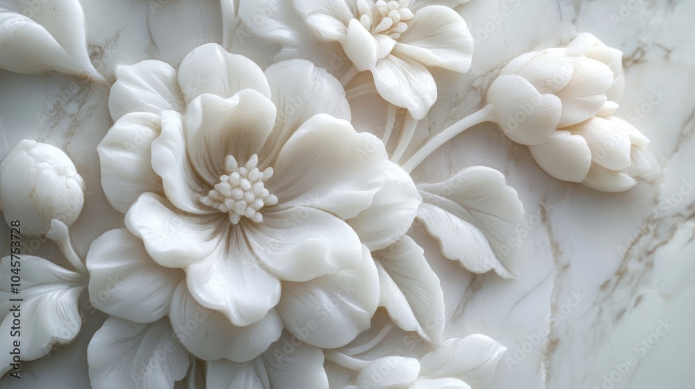 A close-up of delicate floral patterns carved into white marble, showcasing exquisite craftsmanship. A close-up of delicate floral patterns carved into white marble, showcasing exquisite craftsmanship.