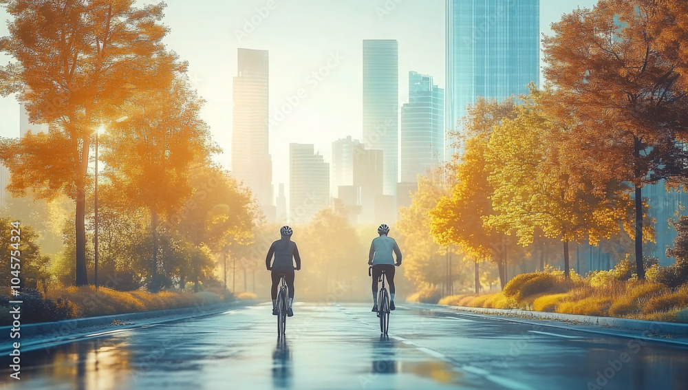 An image of city commuting by bicycle. Bicycle lanes and tall buildings in the background. Men and women riding bicycles represent an eco-friendly lifestyle An image of city commuting by bicycle. Bicycle lanes and tall buildings in the background. Men and women riding bicycles represent an eco-friendly lifestyle