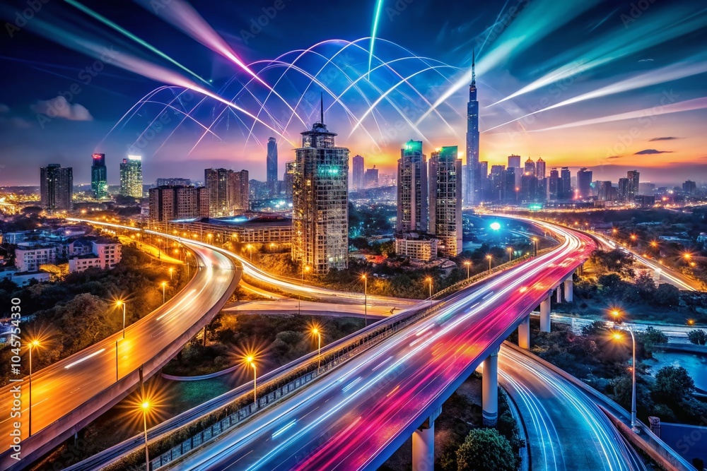 Obraz premium High-Speed 5G Technology Night Photography Infographic with Dynamic Visuals and Icons for Enhanced Connectivity and