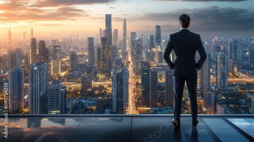 A double exposure of a business person gazing forward, blending with a futuristic city skyline. Future business and communication technology concept.