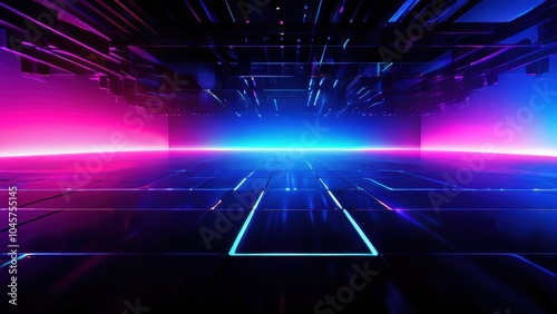 A futuristic digital landscape with vibrant neon colors and a grid-like floor.