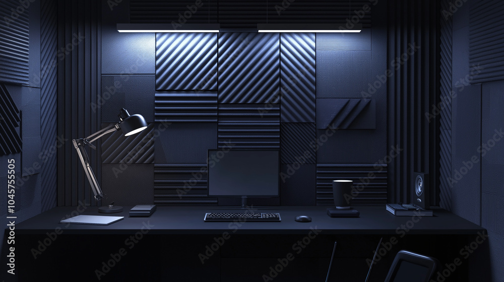 Professional podcast studio with modern acoustic panels on a dark gray wall. A stylish microphone sits on a minimalist desk with a laptop and potted plant. Warm lighting creates a focused Professional podcast studio with modern acoustic panels on a dark gray wall. A stylish microphone sits on a minimalist desk with a laptop and potted plant. Warm lighting creates a focused