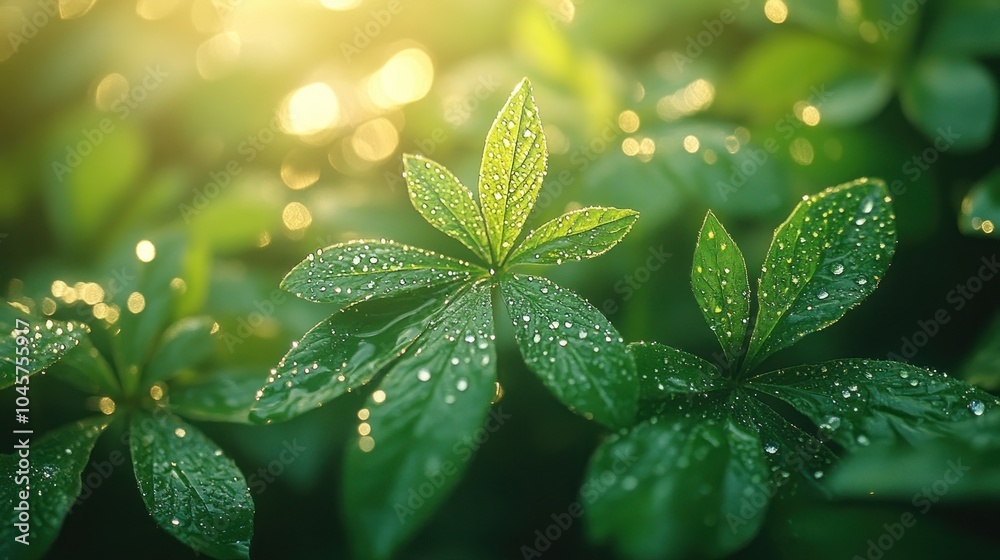 Close-up of green leaves with water droplets, illuminated by soft sunlight. Close-up of green leaves with water droplets, illuminated by soft sunlight.