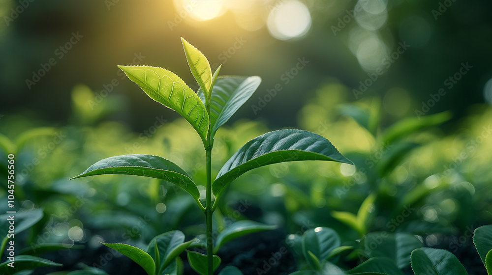 Obraz premium Fresh tea leaves on the bushes at dawn