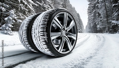 Showcasing new winter tires on a snowy road surrounded by pine trees photo