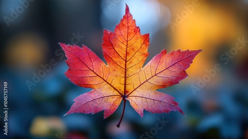 A vibrant red and orange maple leaf against a blurred background, highlighting autumn beauty.