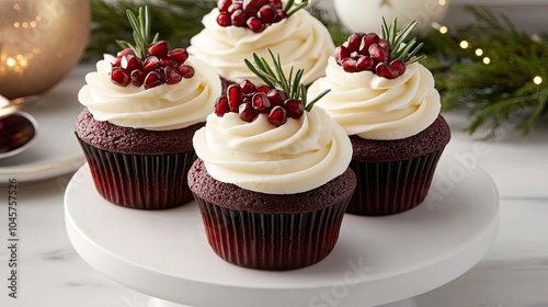 Red velvet cupcakes are beautifully decorated with creamy frosting, pomegranate seeds, and fresh rosemary, creating a festive atmosphere perfect for winter celebrations