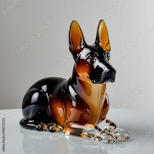 Glass Sculpture of a German Shepherd Dog in Modern Style with Black to Amber Gradient, Reflective Base, Generative AI photo