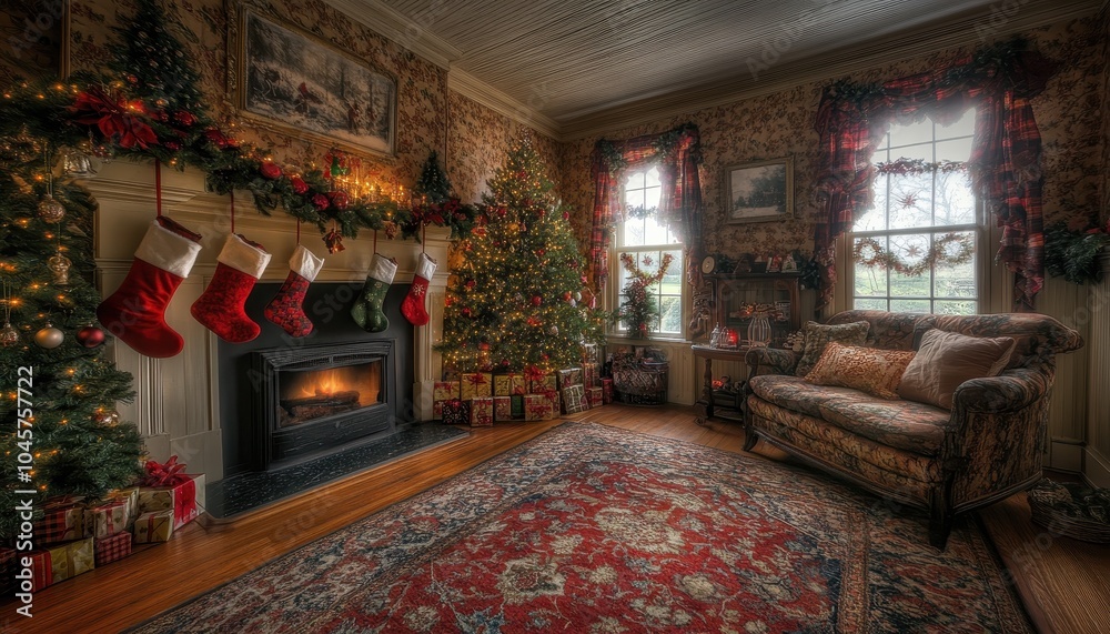 Cozy Christmas living room adorned with stockings, a tree, and festive decorations Cozy Christmas living room adorned with stockings, a tree, and festive decorations