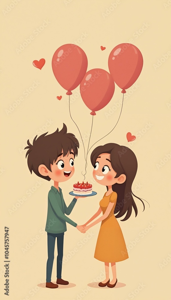 Couple celebrating Valentine's Day with cake and balloons in a romantic atmosphere Couple celebrating Valentine's Day with cake and balloons in a romantic atmosphere