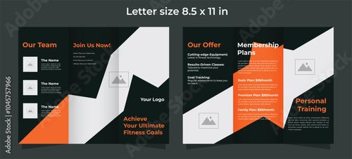 Trifold brochure template for gym and fitness compagny in orange and dark green colors