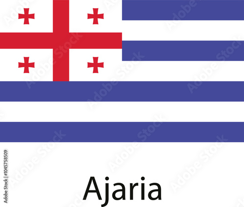 The flag of Ajaria, a region in Georgia. The design features a red cross with white background and five blue horizontal stripes.