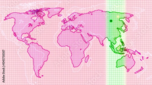 Stylized World Map with Pink Grid and Green Highlight