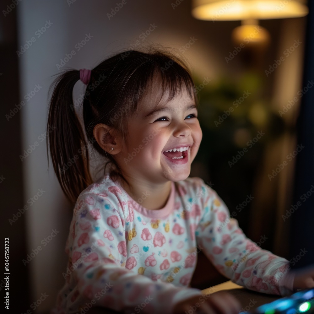 A young girl in pajamas, laughing joyfully while using a computer at home, lifestyle, technology. A young girl in pajamas, laughing joyfully while using a computer at home, lifestyle, technology.