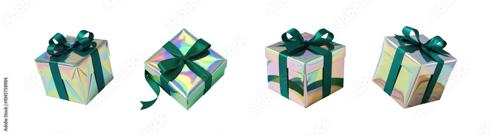 PNG Holographic gift box with green ribbon. Collection of classic luxury gift boxes with elegant ribbons. Set of gift preset boxes with ribbon of various styles. Hologram box PNG Holographic gift box with green ribbon. Collection of classic luxury gift boxes with elegant ribbons. Set of gift preset boxes with ribbon of various styles. Hologram box