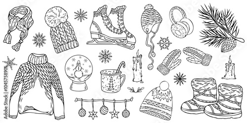 Hello winter and Merry Christmas vector hand drawn set. Congratulations on the New Year's holiday. New Year attributes for cards, banners, web design, scrapbooking and other holiday designs.
